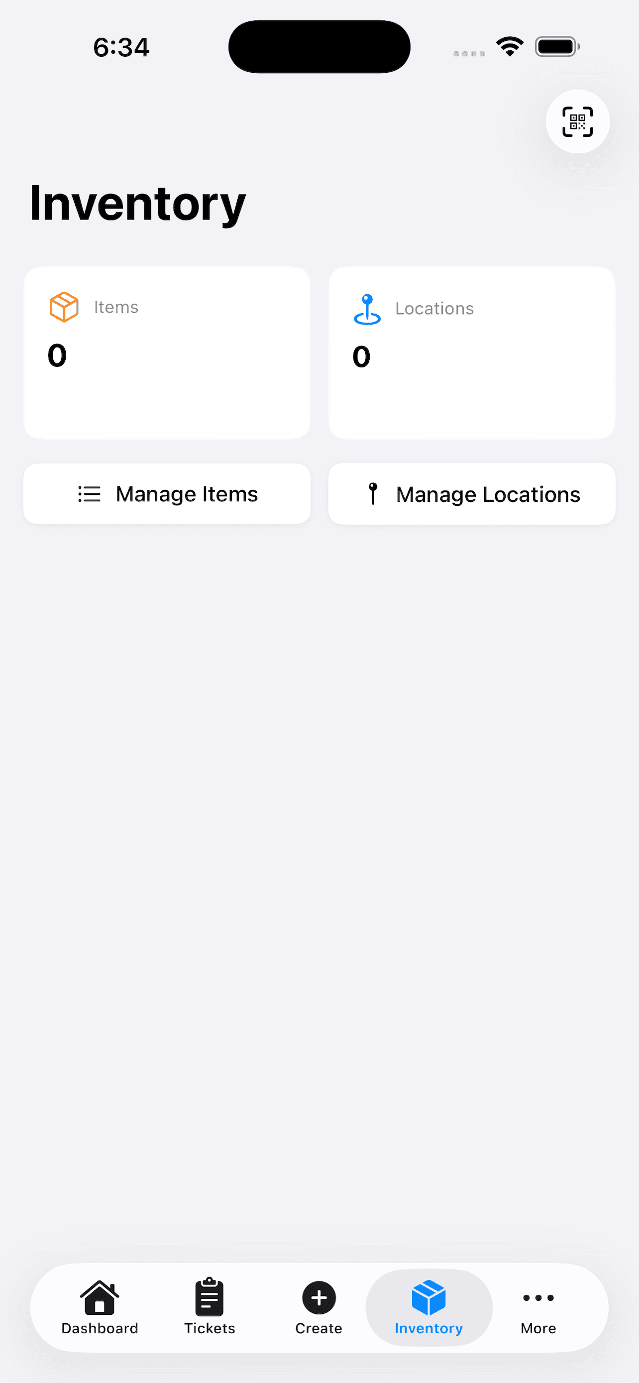 RigTracer mobile app Inventory screen, an optional add-on for tracking items and locations
