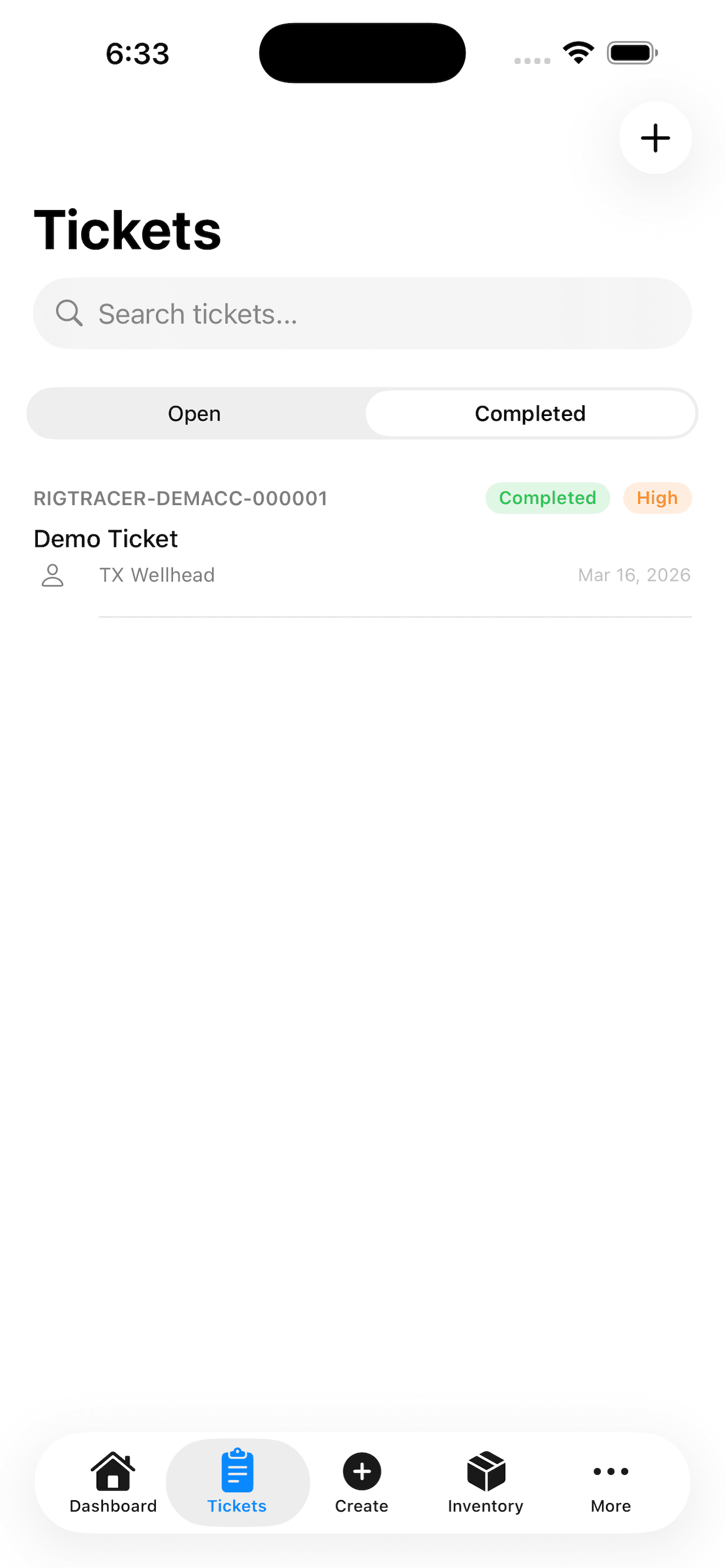 RigTracer mobile app ticket preview organized for completion and review