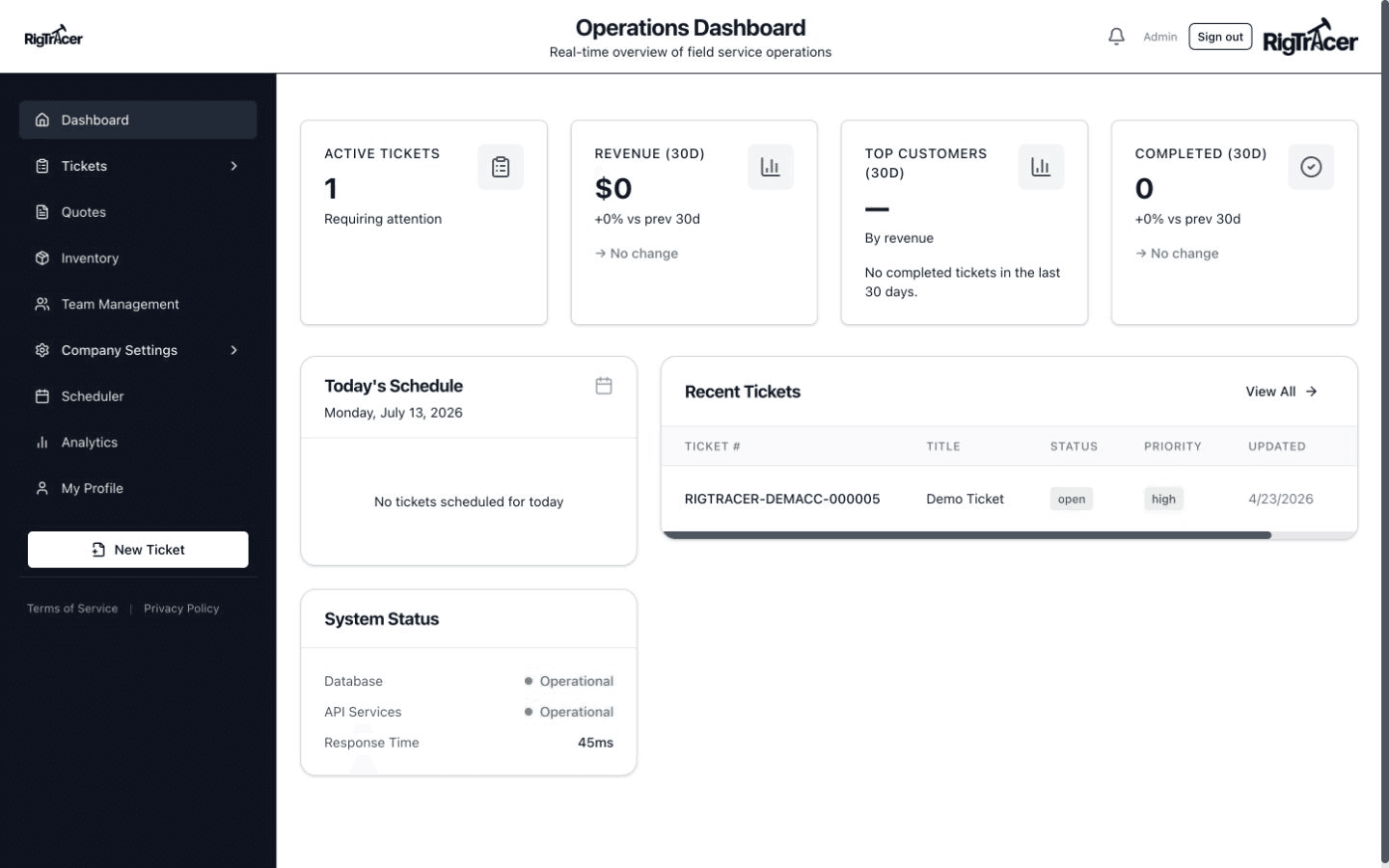 RigTracer web app operations dashboard with ticket totals, team activity, today's schedule, recent activity, and revenue summaries