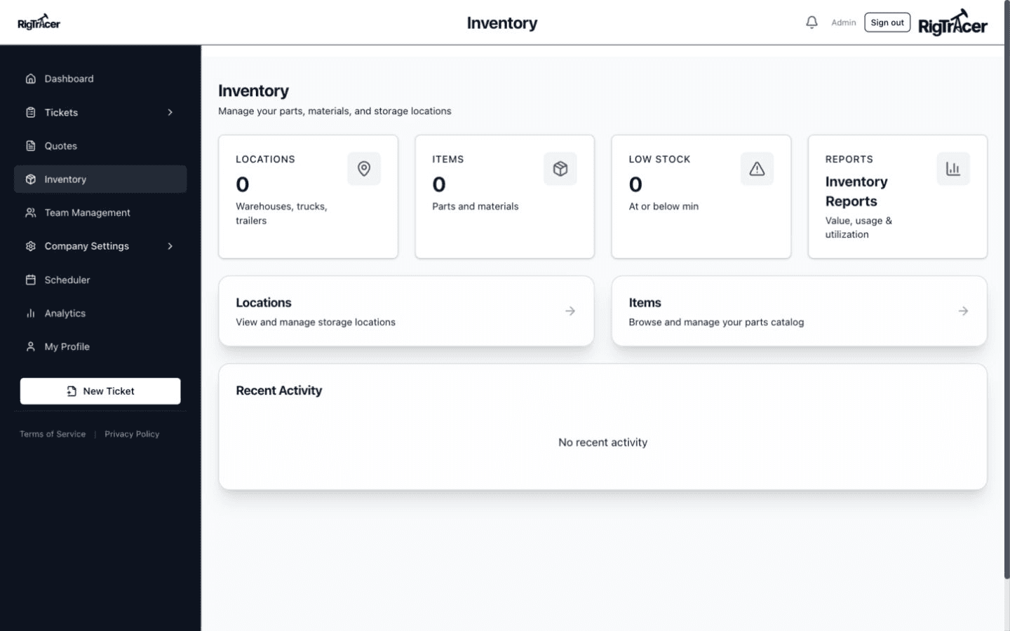 RigTracer web app Inventory overview with stock activity, locations, items, and operational totals